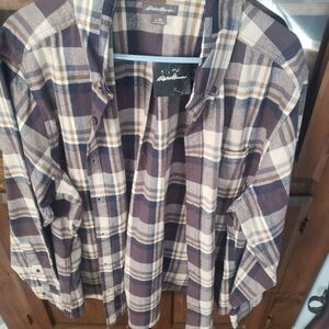 Eddie Bauer Men's Plaid Casual Button Down Shirt - Brown and Cream